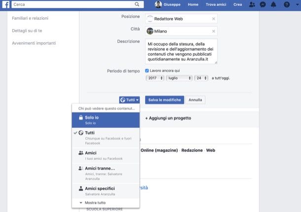 Informazioni privacy Facebook