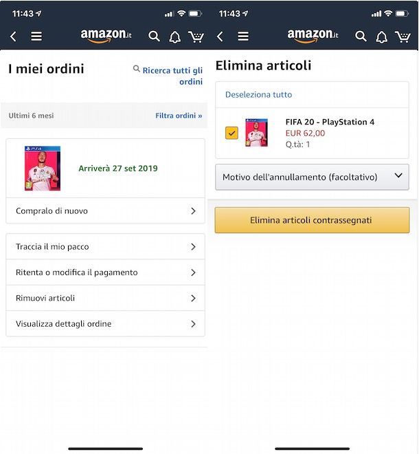 Come annullare preordine su Amazon da app