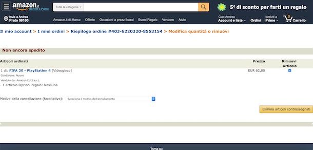 Annullamento preordine Amazon