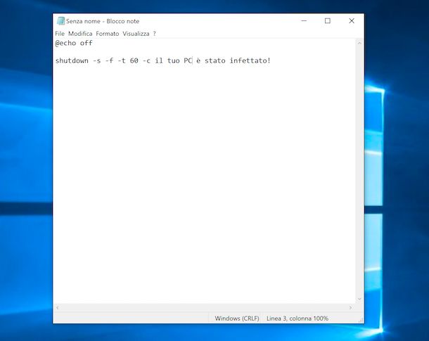 Screenshot che mostra come creare un finto virus che spenge il PC