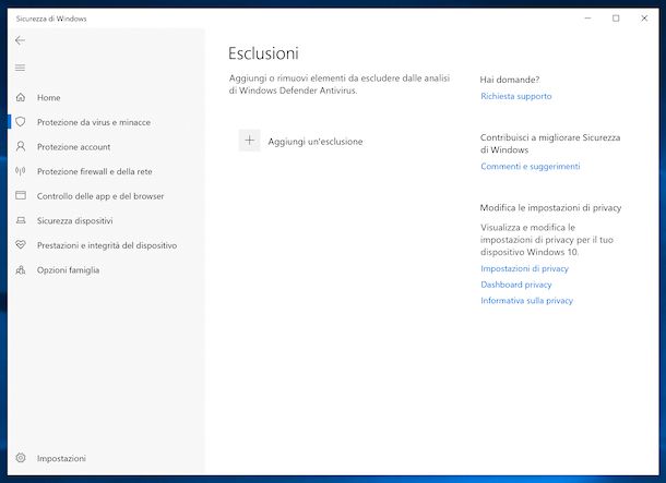 Windows Defender su Windows 10