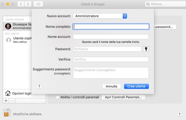 Creazione account utente macOS