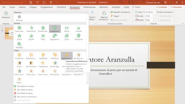 Selezionare un effetto animato per le scritte su PowerPoint