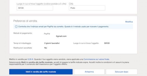 Pubblicare inserzione eBay