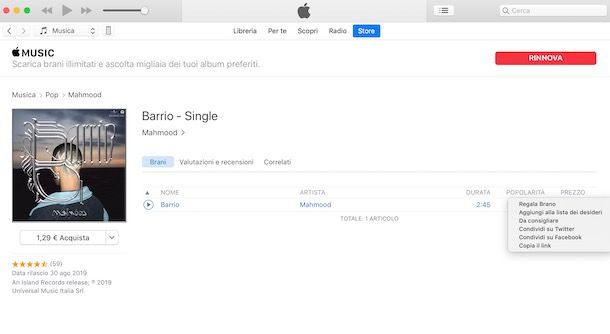 Regalare una canzone iTunes da computer