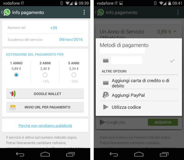 Pagare WhatsApp Android senza carta di credito