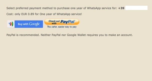 WhatsApp Android senza carta di credito