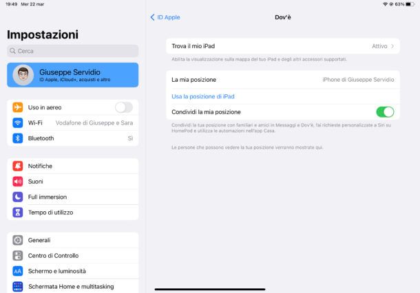 Attivare Dov'è su iPad