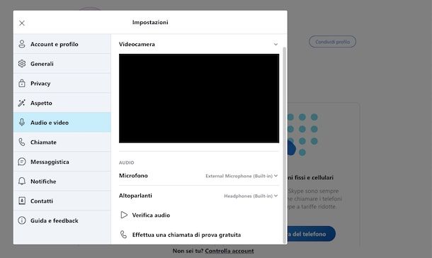 Chiamata di prova Skype Web per controllo volume