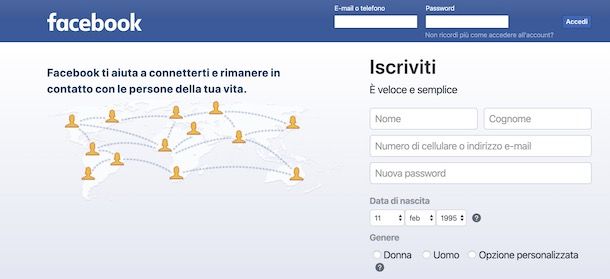 Creare account Facebook da computer