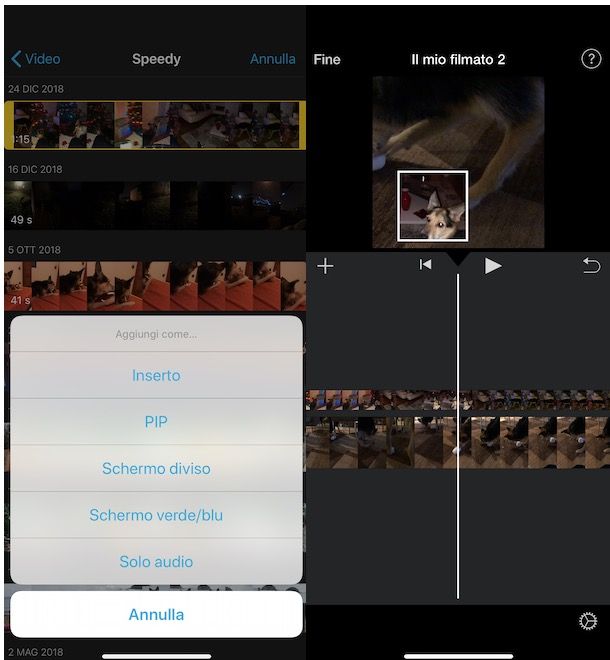 Sovrapporre due video con iMovie su iPhone