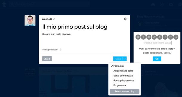 Creare un post su Tumblr