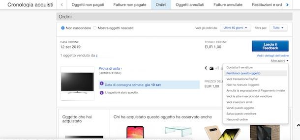 Restituzione pacco eBay