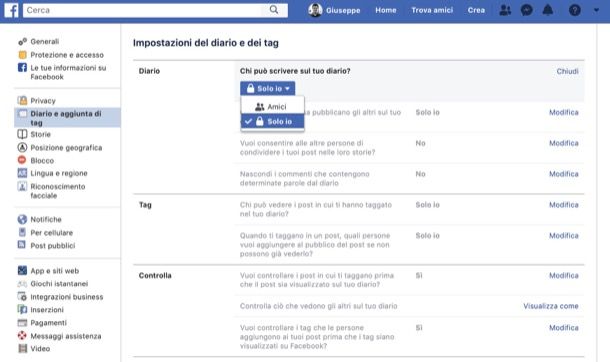 Diario e aggiunta di tag su Facebook