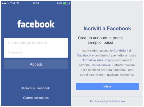 Registrazione Facebook Mobile