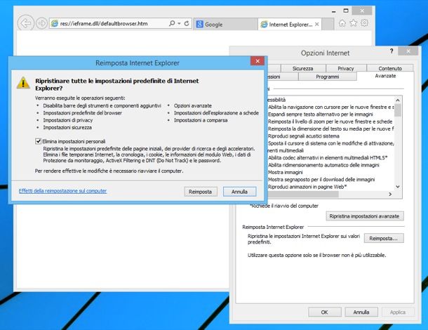 Ripristinare Internet Explorer