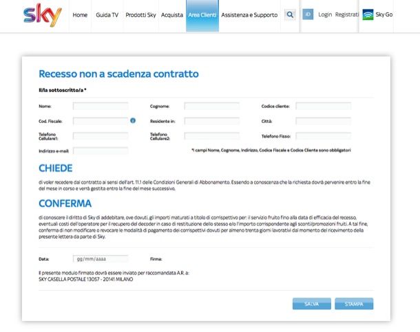 Disdetta contratto Sky