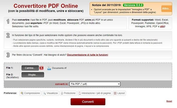 Convertire RTF in PDF con Online2PDF