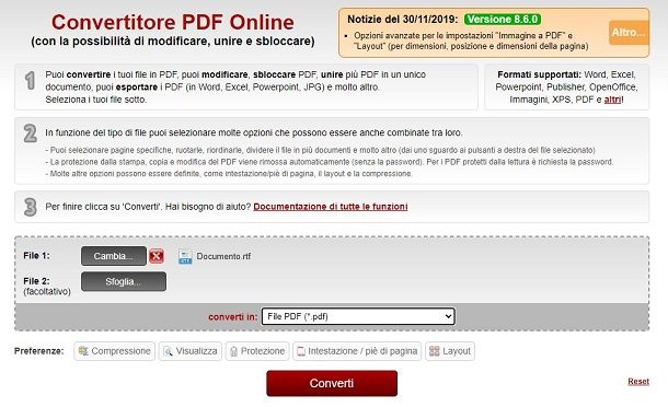 Convertire RTF in PDF con Online2PDF