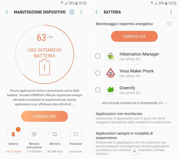 Impostazioni Samsung per ibernare app Android