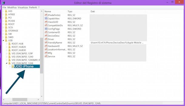 UDID iPhone nel Registro di Windows