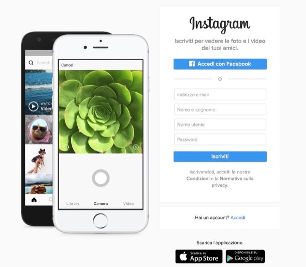 Registrazione a Instagram