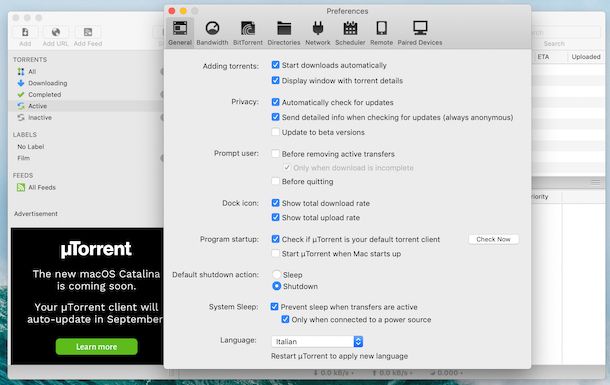 Traduzione interfaccia uTorrent su macOS