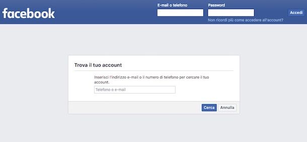 Ripristino password Facebook