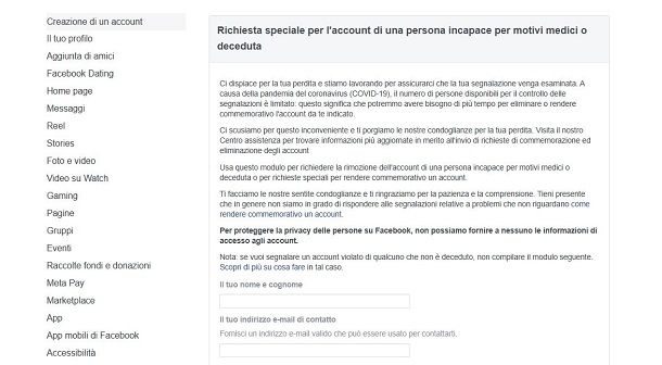 Come cancellare profilo Facebook di un defunto