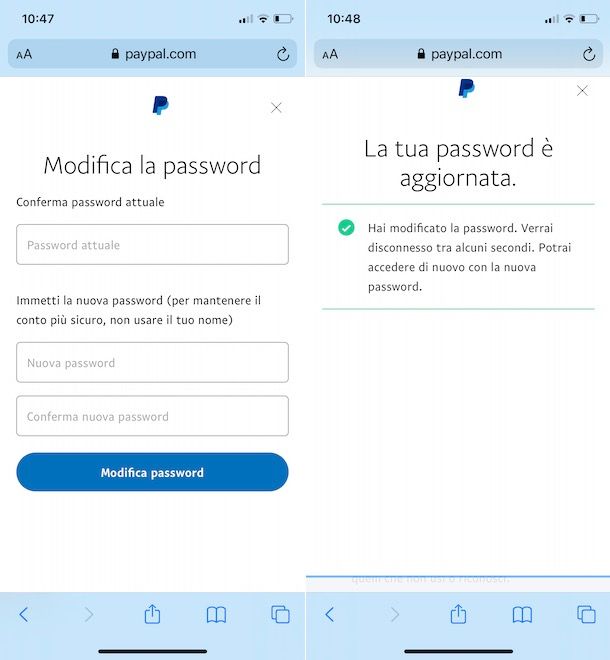 Cambiare password PayPal da smartphone