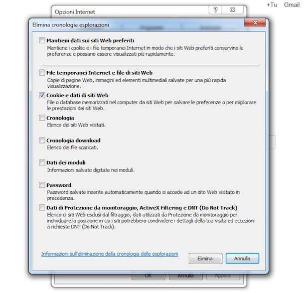 Screenshot che mostra come eliminare cookie da Internet Explorer