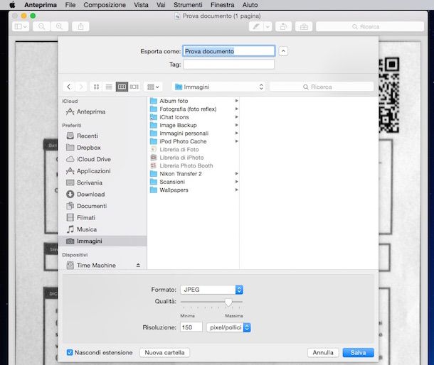 Screenshot che mostra come convertire PDF in JPG su Mac