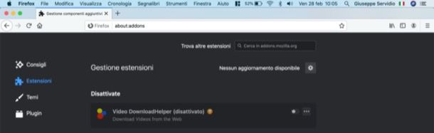 Rimuovere estensioni Firefox