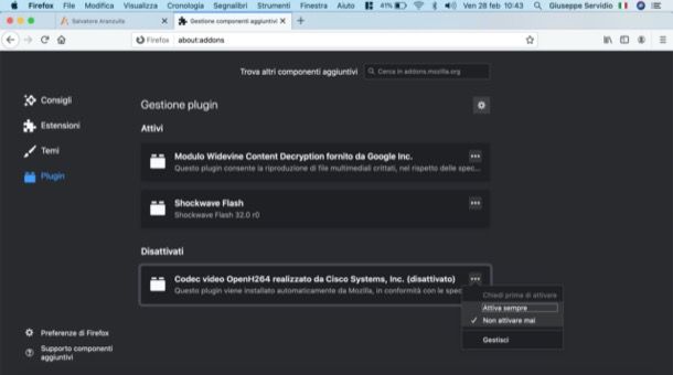 Disattivare plugin Firefox