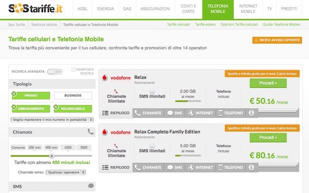 Screenshot del sito Web di SOSTariffe per passare a Vodafone