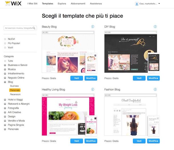 Screenshot del servizio web Wix