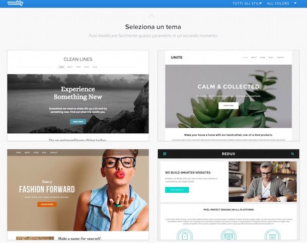 Screenshot del servizio web Weebly