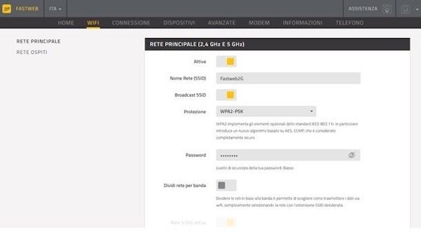 Pannello di amministrazione modem FASTGate di Fastweb