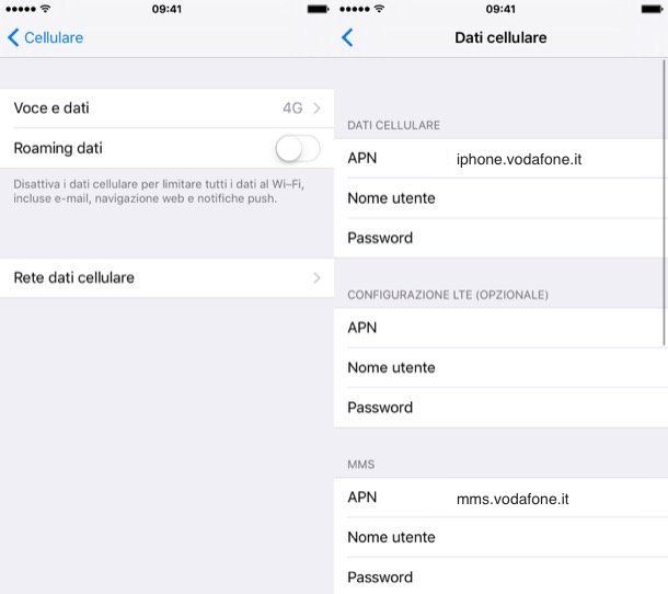 attivare rete dati cellulare iphone 6s vodafone