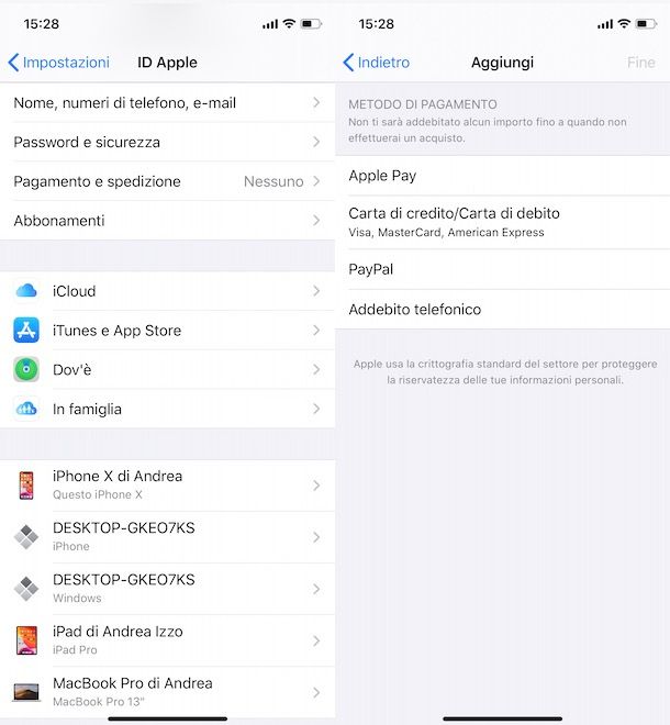 Aggiungere un metodo di pagamento all'account Apple