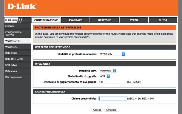 Pannello di amministrazione modem D-Link