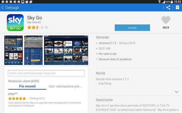 Screenshot che mostra come scaricare Sky Go su tablet Samsung Galaxy Tab