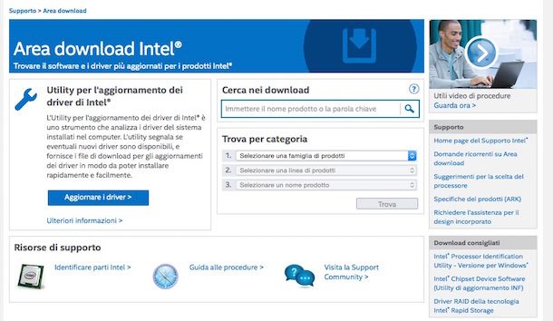 Screenshot che mostra la sezione del sito Web Intel per effettuare l'aggiornamento dei driver
