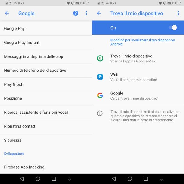 Attivazione Trova il mio dispositivo su Android