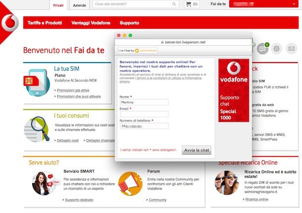 Screenshot che mostra come eliminare segreteria Vodafone tramite chat