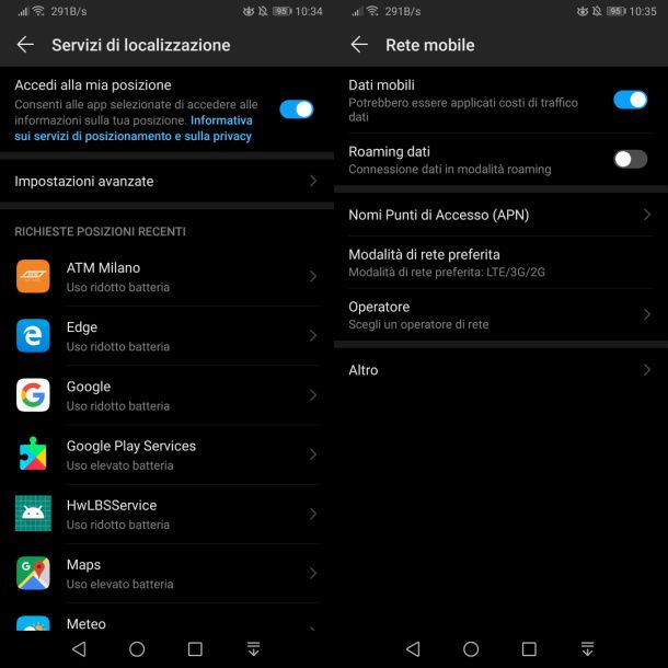 Configurazione GPS e Dati su Android