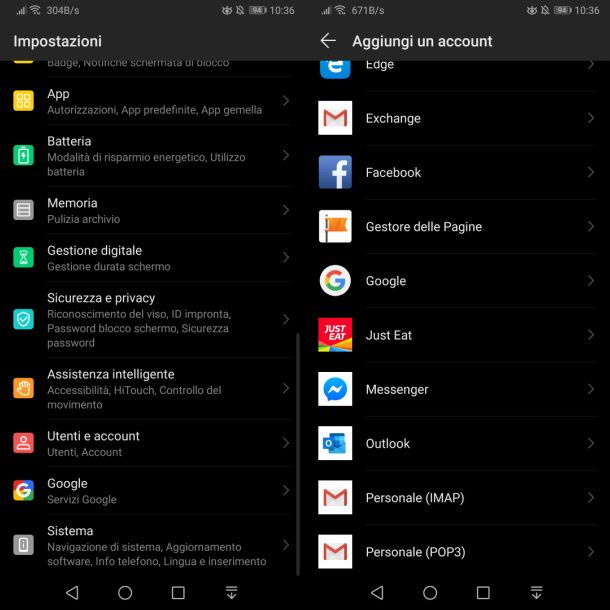 Configurazione account Google su Android