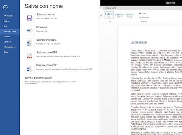 Screenshot che mostra come convertire DOC in PDF con Word Online