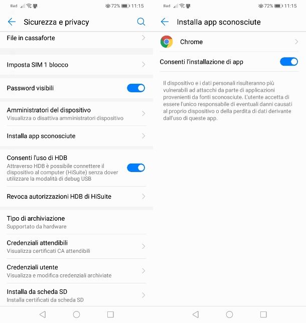 Installazione app fonti sconosciute Android