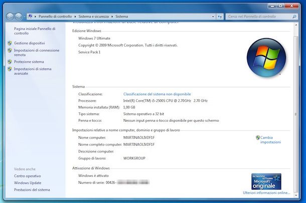 Screenshot che mostra come attivare Windows 7 Ultimate